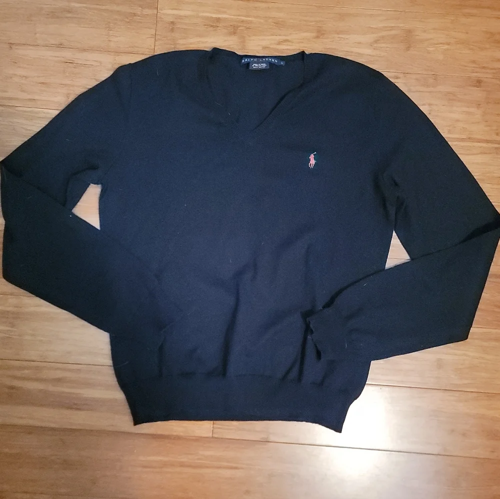 Ralph Lauren Blue Label Italian Yarn 100% Cotton Black V Neck Sweater Size L - Picture 1 of 5